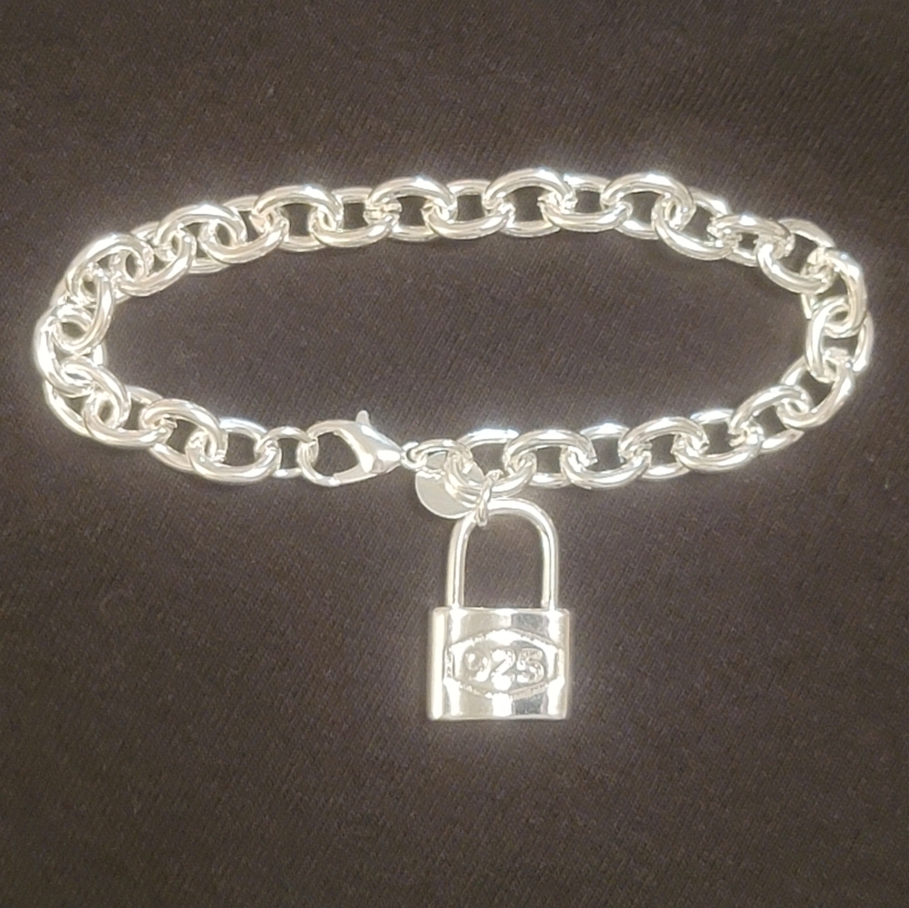 🩵New 8" Rolo Link Tiffany Style Lock Pendant Chain Bracelet🩵